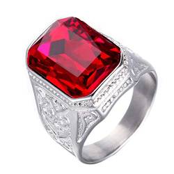 PAURO Herren Edelstahl Jahrgang Hochzeit Versprechen Rubin Ring mit Großem Stein Silber Rot Größe 70 (22.3) von PAURO