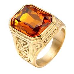 PAURO Herren Edelstahl Jahrgang Hochzeit Versprechen Zirkonia Ring mit Großem Stein Gold Orange Größe 70 (22.3) von PAURO