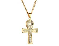 PAURO Herren Edelstahl Zirkonia Hip Hop Gold Ägyptischen Ankh Kreuz Anhänger Halskette Iced Out von PAURO