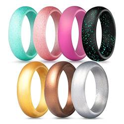 PAURO Silikon Rubber Ehering Ring Für Aktive Frauen Flexible Safe 5,7mm Bands Sport Im Freien, Glitter Pearlescent Solide 7 Pack Größe 60 von PAURO