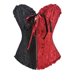 PAUSUNA Damen Bustier Burlesque Basque Rouge Reißverschluss Schnürung Korsett Top Schwarz Rot Gr. L, Blumenmuster schwarz rot (Reißverschluss hoch) von PAUSUNA