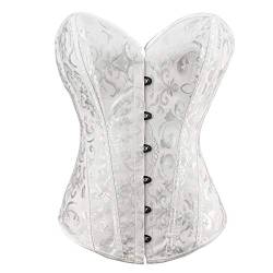 PAUSUNA Damen Klassisch Schnürung Floral Burlesque Basque Bustier Shaper Überbrust Korsett Top, Weißes Oberteil mit Blumenmuster, 38 von PAUSUNA