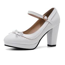 PAUVAODY DaHerren Chunky Heels Bogen Pumps Low Heel Kitten Heel Geschlossen T- Strap Heeled Sandalen Damen Casual Arbeit Schuhe Lack White Size 47 von PAUVAODY