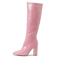 PAUVAODY Damen Elegant Dress Stiefel Knee High Zipper Slim Hohe Stiefel Pointed Toe Block Heels Pleated stiefel Hochzeit Party Heels Lange Stiefel Pink Size 42 von PAUVAODY