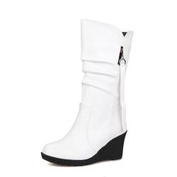 PAUVAODY Damen Wide Calf Runde Zehen Mid-calf Wedge Stiefel Wedges Artificial Leder Zipper Mid Calf Stiefel Runde Zehen Schneestiefel Schuhe White Size 38 von PAUVAODY