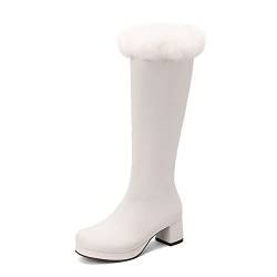 PAUVAODY Damens Faux Fell Go Go Stiefel Runde Zehen Plateau Heels Knee Hohe Stiefel Chunky Mid Heel Mid Calf Stiefel Side Zip Party Dance Schuhe White Size 48 von PAUVAODY