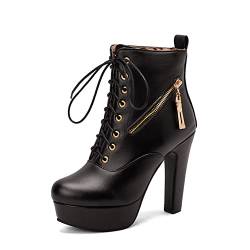 PAUVAODY Elegant Damen Kn?chel Stiefel Blockabsatz Schnüren Zipper Dress Stiefeletten Runde Zehen Baisc Kurze Stiefel Big Size für M?nner Black Size 50 von PAUVAODY