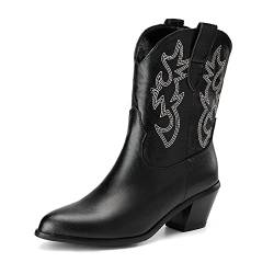 PAUVAODY Klassischer Black Cowgirl Stiefel für Frauen Pointed Toe Cowboy Stiefel Low Heel Western Kn?chel Stiefel Pull on Country Western Schuhe Black Size 33 von PAUVAODY