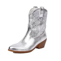 PAUVAODY Klassischer Cowboy Stiefel für Frauen Pointed Toe White Cowgirl Stiefel Low Heel Western Kn?Chel Stiefel Pull on Country Western Schuhe Silver Size 37 von PAUVAODY