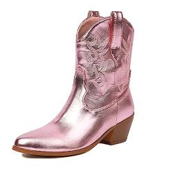 PAUVAODY Klassischer Cowboy Stiefel für Frauen Pointed Toe White Cowgirl Stiefel Low Heel Western Kn?chel Stiefel Pull on Country Western Schuhe Pink Size 41 von PAUVAODY