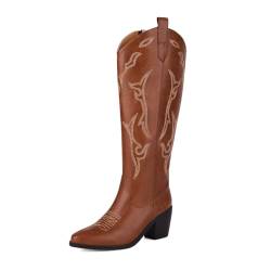 PAUVAODY Klassischer Cowgirl Stiefel für Frauen Chunky Heel Western Knee Hohe Stiefel Zipper Wide Calf Cowboy Stiefel Embroidery Western Riding Party Stiefel Brown Size 39 von PAUVAODY