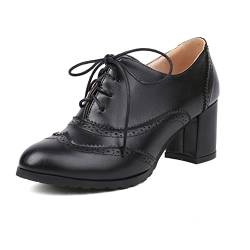 PAUVAODY Klassischer Damens Schnüren Wingtip Pump Pointed Toe Blockabsatz Oxfords Brogues Perforated Jahrgang Dress Schuhe Black Size 38 von PAUVAODY