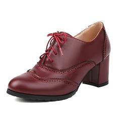 PAUVAODY Klassischer Damens Schnüren Wingtip Pump Pointed Toe Blockabsatz Oxfords Brogues Perforated Jahrgang Dress Schuhe Claret Size 38 von PAUVAODY