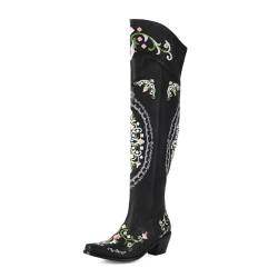 PAUVAODY Over the Knee Cowgirl Stiefel für Frauen Chunky Heel Western Tall Cowboy Stiefel für Frauen Zipper Wide Calf Cowboy Stiefel Embroidery Western Riding Party Stiefel Black Size 40 von PAUVAODY