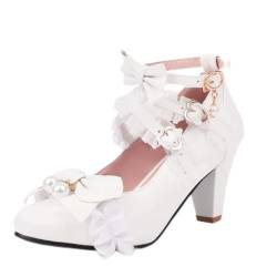 PAUVAODY Süss Damens Block Heel Bow Lolita Schuhe Schnalle Strap Runde Zehen Cosplay Spitze Lolita Mary Janes Schuhe Uniform Dress Schuhe White Size 47 von PAUVAODY