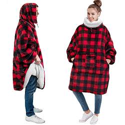 PAVILIA Tragbare Decke Hoodie mit Nackenwärmer, Plüsch Oversized Sweatshirt, Super Soft Cozy Warm Geschenk für Damen Herren Erwachsene (Sherpa Fleece, Checker Red) von PAVILIA