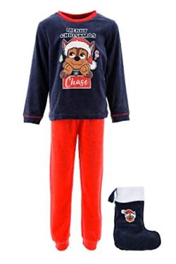 Paw Patrol Pyjama für Jungen, T-Shirt und Lange Hose, 2-Teiliges Set Blauer Fleece Pyjama Chase Design, Inklusive Weihnachtsstrumpf, Kinder Geschenk | 4 Jahre, Blau von PAW PATROL