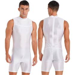 Herren-Schwimmbad-Body einteiliger Reißverschluss hinten, schmaler Badeanzug, Stehkragen, ärmellos, einfarbig, Jumpsuit, Fitnessstudio, Fitness-Weiß, XXL von PAXAS