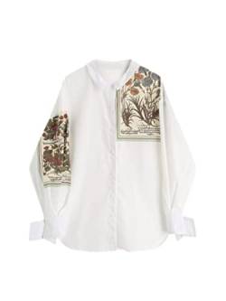 PAXAS Damen Druck Lässige lose Bluse Shirts Herbst Vintage Harajuku Streetwear Langarm Umlegekragen Weiße Bluse - Bildfarbe, M von PAXAS