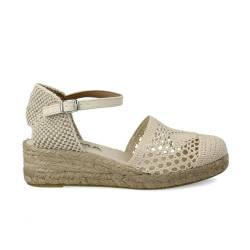 PAYMA - Damen Jute Gehäkelte Keilsandalen. Schuhe aus Spanien. Wedges Espadrilles mit Niedrigem Hacke. Innenpflanze mit Stoff Gepolstert. Knöchelschnalle. Farbe: Beige. Größe: EU 36 von PAYMA