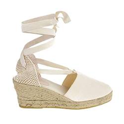 PAYMA - Damen Klassische Jute Keilsandalen mit Knöchelriemen. Schuhe aus Spanien. Mittelhohes Wedges. Innenpflanze mit Stoff Gepolstert. Farbe: Beige. Größe: EU 41 von PAYMA