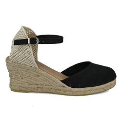 PAYMA - Jute Keilsandalen für Damen. Schuhe Sandalen aus Spanien aus Canvas Leinwand. Knöchelschnallenverschluss. Innenpflanze mit Stoff Gepolstert. Farbe: Schwarz. Größe: EU 42 von PAYMA