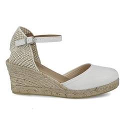 PAYMA - Jute Keilsandalen für Damen. Schuhe Sandalen aus Spanien aus Canvas Leinwand. Knöchelschnallenverschluss. Innenpflanze mit Stoff Gepolstert. Farbe: Weiß. Größe: EU 42 von PAYMA