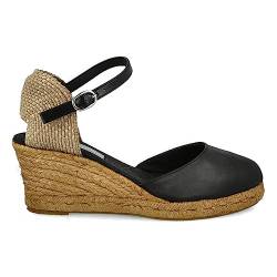PAYMA - Jute Leder Keilsandalen für Damen. Schuhe Sandalen aus Spanien. Knöchelschnallenverschluss. Innenpflanze mit Stoff Gepolstert. Farbe: Schwarz Leder. Größe: EU 40 von PAYMA