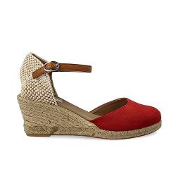 PAYMA - Jute Wildleder Keilsandalen für Damen. Schuhe Sandalen aus Spanien. Knöchelschnallenverschluss. Innenpflanze mit Stoff Gepolstert. Farbe: Rot. Größe: EU 38 von PAYMA