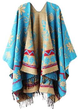 PB-SOAR Damen Doppelseitiger Poncho Cape Umhang Blumenmuster Schal Überwurf Cape mit Fransen, 2 Farben auswählbar (Blau) von PB-SOAR