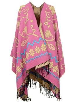 PB-SOAR Damen Doppelseitiger Poncho Cape Umhang Blumenmuster Schal Überwurf Cape mit Fransen, 2 Farben auswählbar (Pink) von PB-SOAR