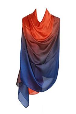 PB-SOAR Mode Damen Farbverlauf Schal Seidenschal Halstuch Stola 190 x 100cm, leicht und schlicht, 18 Farben auswählbar (Dunkelblau/Orange) von PB-SOAR