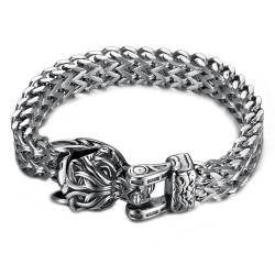 PBTMCD Wolfkopf Manschette Armband, Handgemachte Schwere Webart Edelstahl Punk Biker Armband Kette Fenrir Wikinger Herren Amulett Schmuck Armreif Arm Ring,Wolf,19cm von PBTMCD