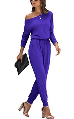 PCEAIIH Damen Jumpsuit Lange Ärmel Elegant Schulterfrei Lose Playsuit Dehnbar Overall Hosenanzug Elastische Taille Romper mit Taschen 2XL Royal Blue von PCEAIIH