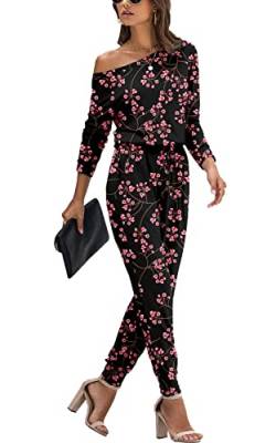 PCEAIIH Damen Jumpsuit Lange Ärmel Elegant Schulterfrei Lose Playsuit Dehnbar Overall Hosenanzug Elastische Taille Romper mit Taschen L Gypsophila Schwarz von PCEAIIH