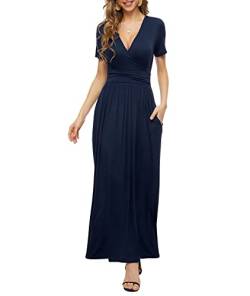 PCEAIIH Damen Kurzarm V-Ausschnitt Kleider Casual Boho Kleid Maxikleid mit Taschen Cocktailkleid Partykleid M Marineblau von PCEAIIH