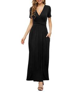 PCEAIIH Damen Kurzarm V-Ausschnitt Kleider Casual Boho Kleid Maxikleid mit Taschen Cocktailkleid Partykleid S Schwarz von PCEAIIH