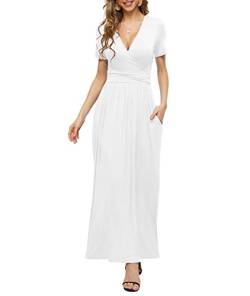 PCEAIIH Damen Kurzarm V-Ausschnitt Kleider Casual Boho Kleid Maxikleid mit Taschen Cocktailkleid Partykleid XXL Weiß von PCEAIIH