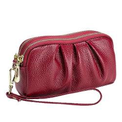 PDOOR Echtes Leder Damen Brieftaschen, multifunktionale Doppelreißverschluss Plissierte Münzgeldbörse, Damen Geldbörse Handyhandtasche Rot von PDOOR