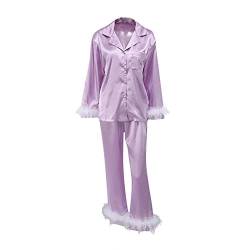 Damen Feder Schlafanzug Set Seide Satin Schlafanzug Langarm Button Down Hemd Lange Hose Nachtwäsche Lose Longewear Pjs (Purple, Medium) von PDYLZWZY