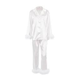 Damen Feder Schlafanzug Set Seide Satin Schlafanzug Langarm Button Down Hemd Lange Hose Nachtwäsche Lose Longewear Pjs (White, Medium) von PDYLZWZY