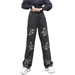 Damen Gorhic Baggy Jeans Hohe Taille Weites Gerades Bein Flare Hose Bedruckte Cargo Denim Hose mit Taschen Streetwear (A, S) von PDYLZWZY