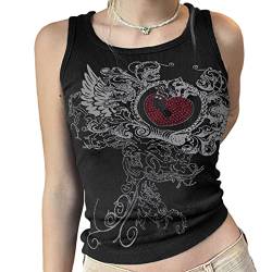 Damen Gothic Crop Top Schwarzer Spaghetti-Träger Druck Rückenfrei Mall Goth Punk Cami Vest Club Party Streetwear (Black#2, M) von PDYLZWZY