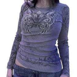 Damen Gothic Shirts Tops Retro Flügel Druck Strass Langarm Shirt Grunge Ästhetik Pullover Y2K Streetwear (Gray, M) von PDYLZWZY
