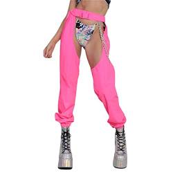 Damen Hip Hop Hohe Taille Cargo Hose Mesh Schnallen Jogger Street Style Hose Rock Belted Hose Hollow Out Pant (Pink, S) von PDYLZWZY