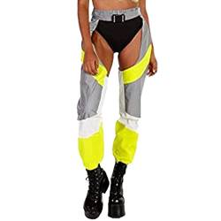 Damen Hip Hop Hohe Taille Cargo Hose Mesh Schnallen Jogger Street Style Hose Rock Belted Hose Hollow Out Pant (Yellow Grey, M) von PDYLZWZY