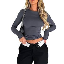 Damen Langarm Rundhalsausschnitt Crop Top Tee-Shirt Basic Solid Y2K-Tight Slim Fit Cropped Hemd Workout Yoga (Gray, S) von PDYLZWZY