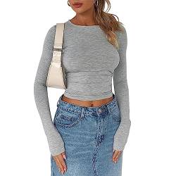 Damen Langarm Rundhalsausschnitt Crop Top Tee-Shirt Basic Solid Y2K-Tight Slim Fit Cropped Hemd Workout Yoga (Light Gray, S) von PDYLZWZY