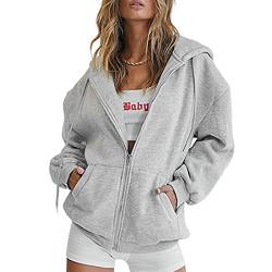 Damen Oversized Full Zip Kordelzug Hoodies Sweatshirts Langarm Y2K E-Girl Pullover Jacken mit Taschen (Grau, L) von PDYLZWZY