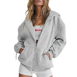 Damen Oversized Full Zip Kordelzug Hoodies Sweatshirts Langarm Y2K E-Girl Pullover Jacken mit Taschen (Grau, S) von PDYLZWZY